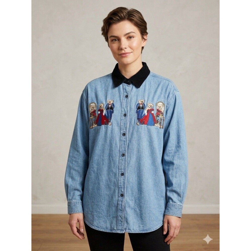 Quizz Woman Shirt Womens Sz 18 XL Blue Denim Teacher Teddy Bear Embroidered Top - Picture 8 of 8